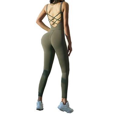 Imagem de Yajun Macacão esportivo costas nuas conjunto de ioga com acolchoado de uma peça de agasalho de manga para levantar o bumbum respirável macacão de ginástica fitness, verde, G (cintura: 68 cm)