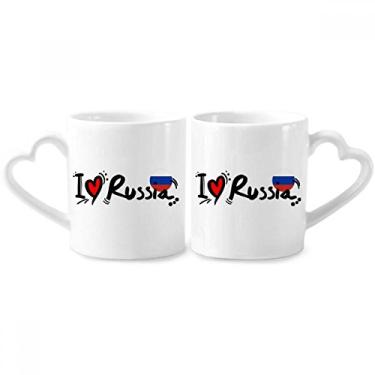 Imagem de I Love Russia Word Flag Heart Couple Porcelain Mug Set Ceramic Lover Cup Heart Handle