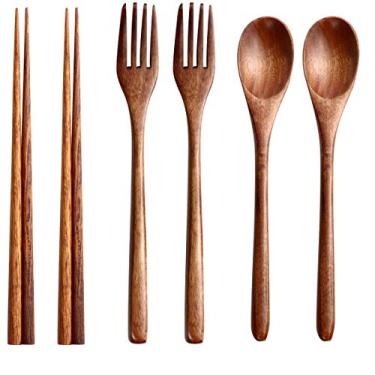 Imagem de Conjunto de talheres de madeira Hemoton com 6 peças de talheres, utensílios de viagem, garfo de madeira, colher pauzinhos reutilizáveis para utensílios de cozinha e mesa de jantar