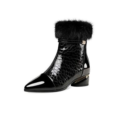 Imagem de TinaCus Botas femininas de couro envernizado feitas à mão com bico fino e zíper lateral, salto baixo grosso, cano médio com pele, Preto, 8