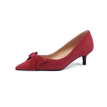 Imagem de TinaCus Sapato feminino de camurça feito à mão com bico fino, salto gatinho elegante com laço, Vermelho, 6.5