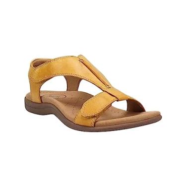 Imagem de UIFLQXX Sandálias rasas para mulheres moda elegante primavera e verão sandálias femininas salto plano bico redondo leve respirável grande, Amarelo, 5