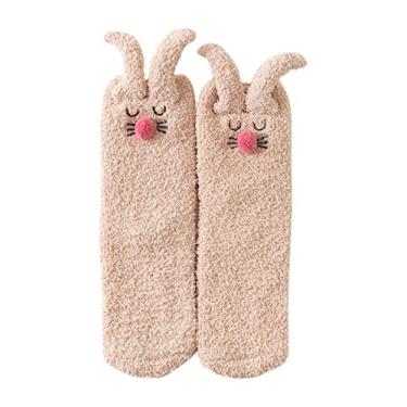 Imagem de BlingGlow Meias femininas felpudas de inverno com desenho 3D orelhas de coelho meias quentes para dormir, meias de renda, cáqui