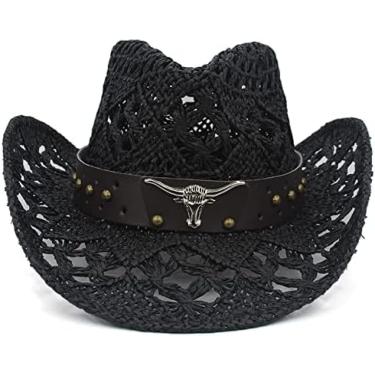 Imagem de Chapéus De Cowboy Homens Mulheres Chapéus De Cowboy De Palha Aba Larga Chapéu De Festa Viagem Ao Ar Livre Boné Clássico Retro Sombrero,Preto,7-7 1/8,YUYANAIAI