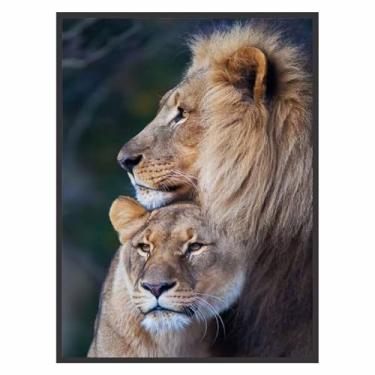 Imagem de Quadro Decorativo Casal de Leões 90x60 para Sala Quarto Leão Cor da armação:Preto