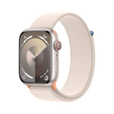 Imagem de Apple Watch Series 9 GPS + Cellular Caixa Estelar de Alumínio 45mm Pulseira Loop Esportiva Estelar (Neutro em Carbono)