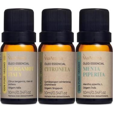 Imagem de Kit 3 Óleos Essenciais Via Aroma 100% Puros Clássicos Naturais Para Difusor, Massagem e Aromaterapia Escolha o seu (Menta Piperita+Bergamot Italy+Citronela)