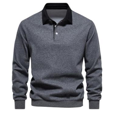 Imagem de Moletom masculino outono gola polo casual desgaste social algodão manga longa pulôver suéter, Cinza, Small