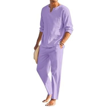 Imagem de COOFANDY Conjunto masculino de 2 peças de algodão e linho, camisa Henley, manga comprida e calça de praia casual, roupas de verão e ioga, Lilás, 3G