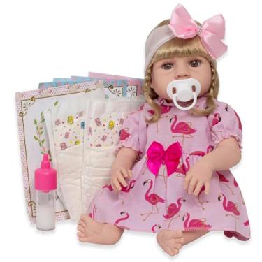 Imagem de Boneca Reborn Bebê Realista Loira Vestido Flamingo 13 Itens
