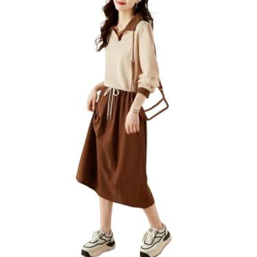 Imagem de Vestidos femininos primavera outono solto top saia vestido coreano roupas femininas combinando, Cor creme café, PP