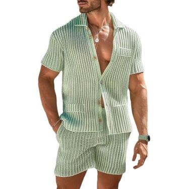 Imagem de Masculino 2 peças conjuntos curtos manga curta casual botão para baixo camisas verão praia roupas treino praia corrida jogging (Color : Green, Size : 3XL)