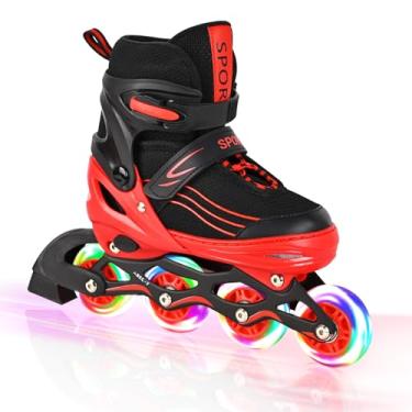 Imagem de Patins infantis em linha para meninas e meninos com todas as rodas iluminadas, lâminas ajustáveis para iniciantes em ambientes externos e internos (preto e vermelho, pequeno - crianças pequenas)