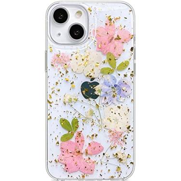 Imagem de Abbery Capa de flores prensadas para iPhone 14 Plus, linda capa brilhante brilhante com design de borracha TPU de silicone macio seca verdadeira floral estética para mulheres e meninas (flor rosa brilhante)