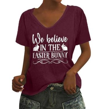 Imagem de Camiseta feminina de manga curta Happy Easter Day, suéter fofo de coelho, gola redonda, camisa moderna para mulheres 2024, Vinho, XXG
