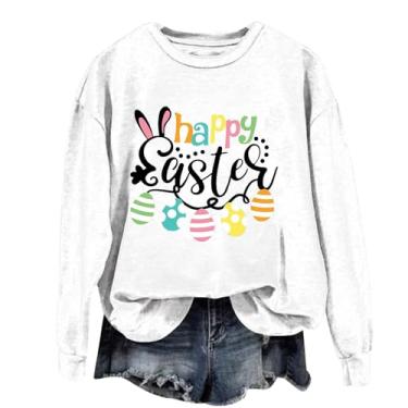 Imagem de Camisetas femininas de manga comprida de Páscoa Happy Bunny gola redonda para férias, Branco, G