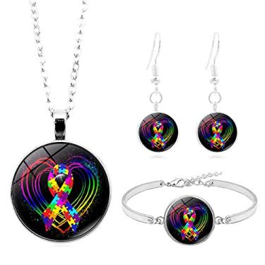 Imagem de Colar de fita de conscientização do autismo, brinco, pulseira, quebra-cabeça colorido, conjunto de joias com pingente, presente para mãe autista/professora de autismo/menina autista, Zinco, Sem Pedra