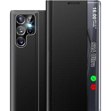 Imagem de Capa de celular para Samsung S24 Ultra, Clear View S24 Ultra 5G com suporte, capa protetora de couro rígido de policarbonato à prova de choque para Samsung Galaxy S24 Ultra 5G (preta)