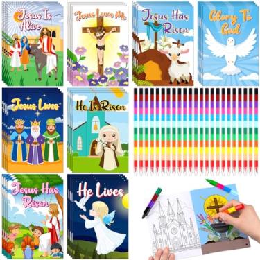 Imagem de ReliThick Conjunto de 32 livros de colorir de Páscoa, Bíblia Jesus Ressuscitado, livro de colorir com 32 peças de giz de cera empilhável, livro de atividades de feriado para lembrancinha de festa de