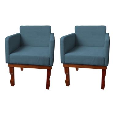 Imagem de Kit 2 Poltronas Nina Retrô Pés de Madeira Maciça Linho Azul 