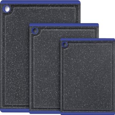 Imagem de Tábuas de corte de plástico para cozinha, conjunto de tábuas de corte grande de 3 peças para lava-louças com pés antiderrapantes e ranhuras para suco, azul, Kikcoin