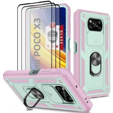 Imagem de Capa para Xiaomi Poco X3 NFC com 3 peças, protetor de tela de vidro temperado, suporte de anel integrado + capa para câmera, armadura de corpo inteiro de TPU macio de policarbonato rígido - verde/rosa