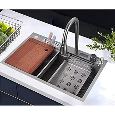 Imagem de Pia de cozinha de tigela única em aço inoxidável 304, pia em cascata inteligente, pia para estação de trabalho com torneira extraível, Grigio, 75 x 46 cm