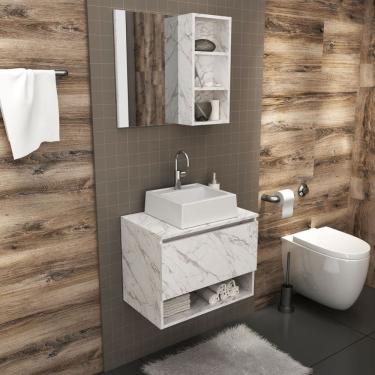 Imagem de Kit Gabinete Suspenso para Banheiro com Espelheira Cuba Mármore Branco