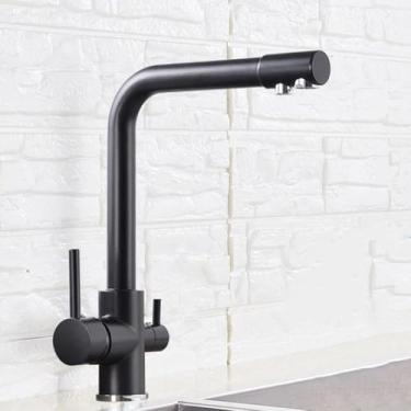 Imagem de Torneira de cozinha com filtro para água potável Torneira de cozinha montada no deck Alças duplas Misturador de água quente e fria, preto fosco