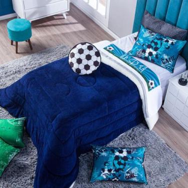 Imagem de Kit Coberdrom Edredom Infantil Futebol Azul Marinho c/ Almofada Soltei