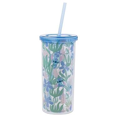 Imagem de Silver Buffalo Lilo and Stitch, estampa floral, 590 ml, copo alto de plástico com tampa e canudo