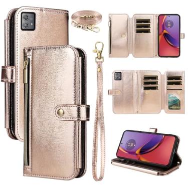 Imagem de Dswteny Capa carteira para Motorola Moto G84 5G com alça de pulso alça de ombro bolsa com zíper, couro PU de luxo flip suporte para cartão de crédito acessórios capa de celular para G 84 2023 mulheres