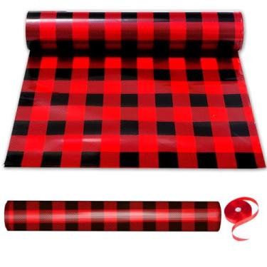 Imagem de Whaline Rolo de papel de embrulho de celofane de Natal preto vermelho xadrez xadrez transparente com fita de plástico para presente de Natal, aniversário, suprimentos de artesanato faça você mesmo, 81