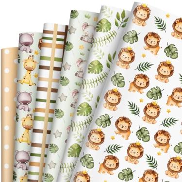 Imagem de Whaline 12 Folhas de Papel de Embrulho Selva, Selvagem, Safári, Vida Selvagem, Dobrado, Plano, Elefante, Girafa, Leão, Papel Artístico, Chá de Bebê, Aniversário, 50 x 70 cm