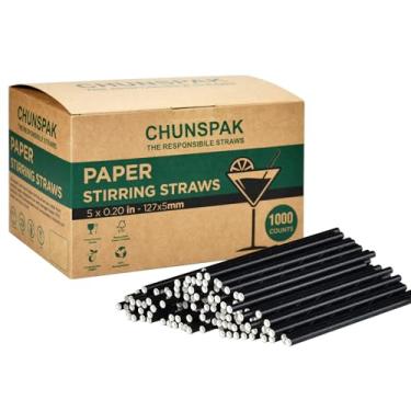 Imagem de Chunspak Canudos descartáveis de papel preto de 12 cm, canudos para mexer, palitos de 0,20"/5 mm de diâmetro - para coquetel, café, bar - compostável, 1000 unidades