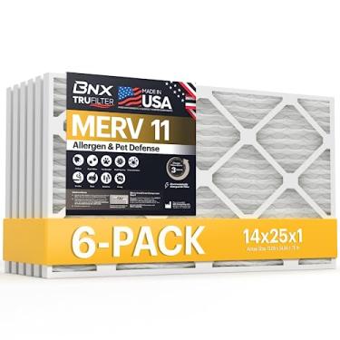 Imagem de BNX Filtro de ar TruFilter 14x25x1 MERV 11 (pacote com 6) – FEITO NOS EUA – Filtros de ar condicionado plissados eletrostáticos de defesa contra alérgenos HVAC AC para alergias, poeira, animais de estimação, fumaça, alergia MPR 1200 FPR 7