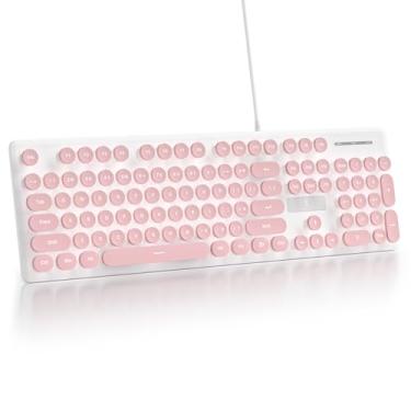 Imagem de iRoboosta Teclado silencioso com fio de membrana rosa, tamanho completo 104 teclas de máquina de escrever com teclado numérico, retroiluminado por LED branco, teclas redondas, teclados de computador