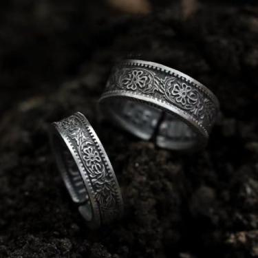 Imagem de Vintage Lucky Sixpence Anel aberto ajustável para casal dele e dela anel de compromisso de amor verdadeiro prata para casais alianças de noivado anel superior grosso faixas de dedo presente para