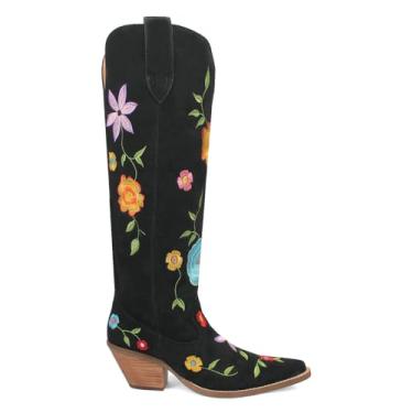 Imagem de Dingo Bota feminina casual floral floral acima do joelho salto médio 5-7,6 cm - laranja, Preto, 37