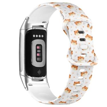 Imagem de Pulseira esportiva macia compatível com Fitbit Charge 5/Fitbit Charge 6 (animal gato laranja fofo) para mulheres e homens