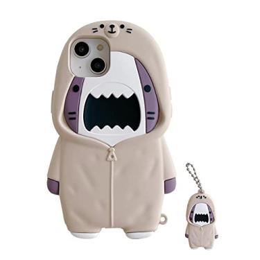 Imagem de QoKcoahn Capa compatível com iPhone 16 Pro, fofa 3D Kawaii Funny Sweater Shark Cartoon Cover com chaveiro, protetor de gotas de gel de silicone macio, mulheres e meninas