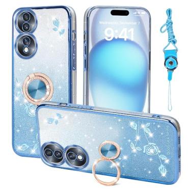 Imagem de Nouxwerx Capa para celular Huawei Honor 70, capa para Honor 70 fofa TPU macia fina rosa para meninas e mulheres com alça de suporte de anel capa de cordão para Honor 70 (azul)