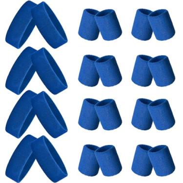 Imagem de Skylety Conjunto de 24 faixas de suor neon dos anos 80, inclui 8 faixas esportivas e 16 pulseiras de suor elásticas atléticas para homens e mulheres festa dos anos 80 (azul escuro)