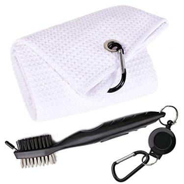 Imagem de Aebor Toalhas de golfe, toalha de golfe com três dobras padrão waffle de microfibra – Kit de ferramentas de escova com limpador de ranhuras para taco, com clipe para presentes de golfe masculinos e femininos (toalha branca + escova preta)