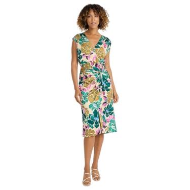 Imagem de Maggy London Vestido floral midi sem mangas para mulheres, decote em V, convidada de casamento e chá de panela, roupa de verão, Champanhe/azul-petróleo, 46