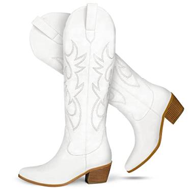 Imagem de STALOV Feminino Botas de Vaqueira Brancas Botas de Cowboy Ocidentais Para, Botas de Cano Alto Na Panturrilha Larga Bordadas com Bico Fino e Salto Grosso, Botas Altas Da Moda
