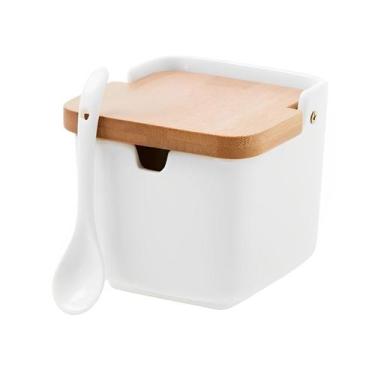 Imagem de Porta Condimento em Porcelana Com Colher e Tampa De Bambu - Home Prese