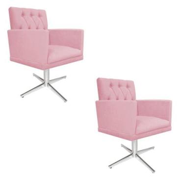 Imagem de kit 02 Poltronas Nanda Base Giratória de Metal Suede Rosa Bebê - DAMAF