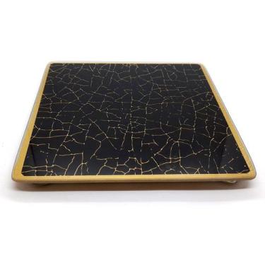 Imagem de Bandeja Lavabo Sala Vidro Craquelado Preto e Dourado 15cm - Flash