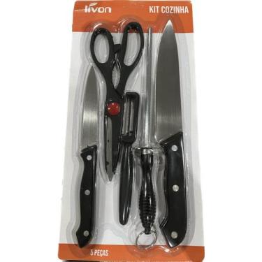 Imagem de 2 Facas Tesoura Descascador Amolador Inox Kit Cozinha Carne Legumes Co